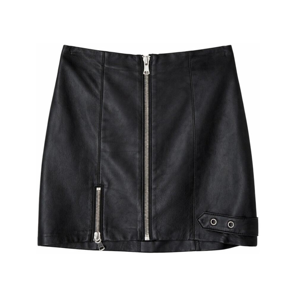 Reformation Black Genuine Leather Zip Front Moto Mini Skirt - M
